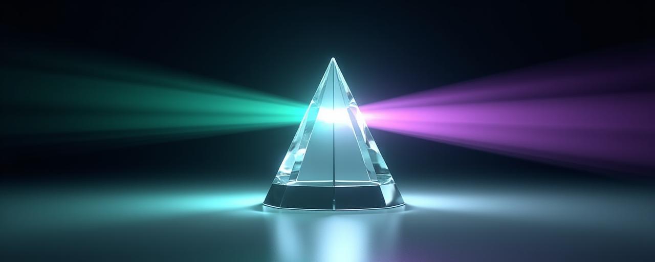Stylized graphic of a prism splitting light into three components